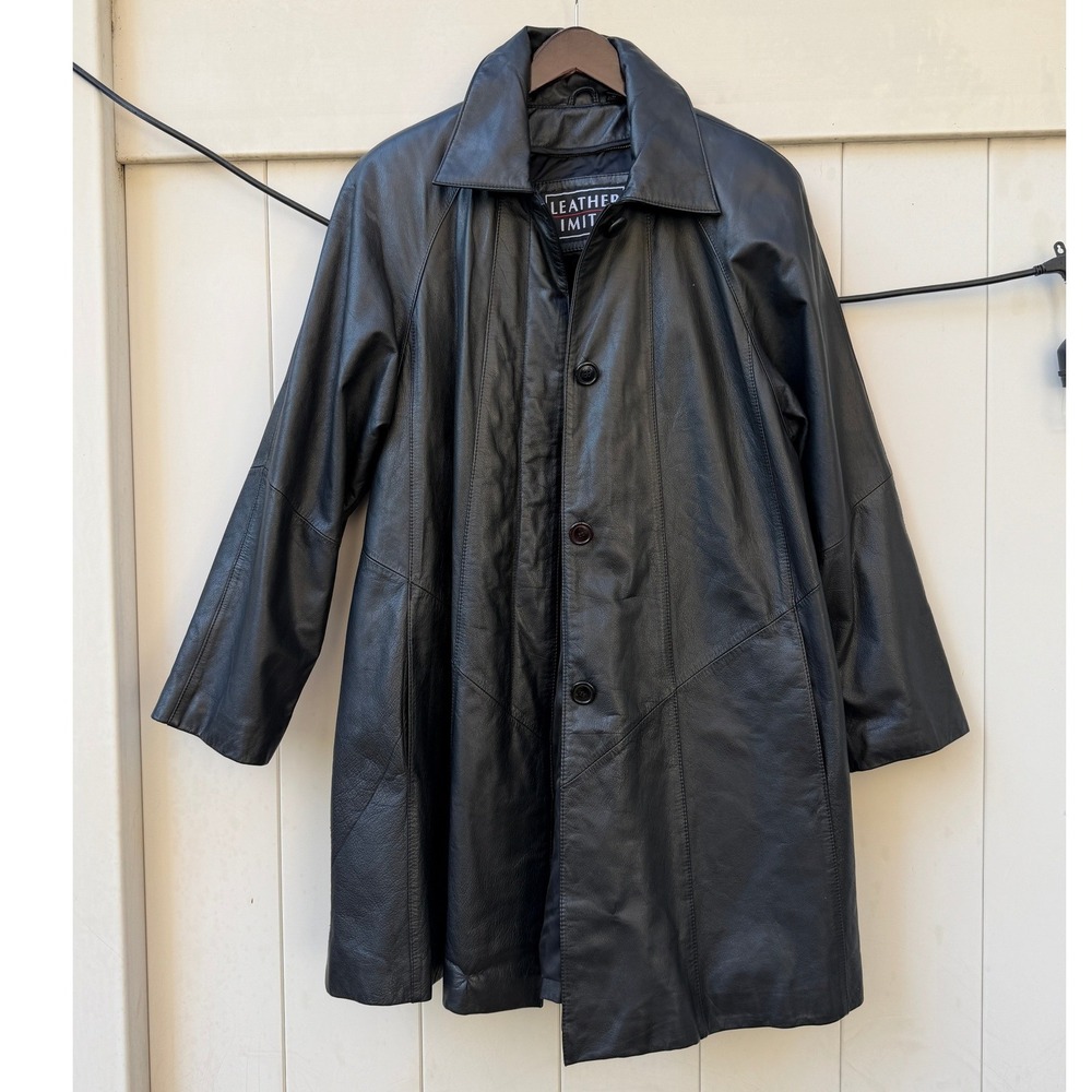 Leather Limited Black Genuine Leather Trench Coat Button Front Jacket Mid Length